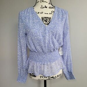 NWT Japna baby blue ditsy floral faux wrap peplum blouse balloon sleeves peasant